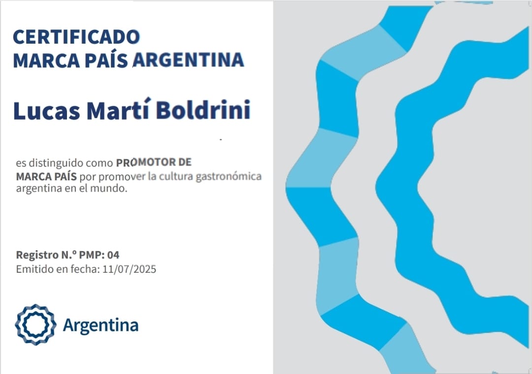 Certificación Marca País Argentina otorgada a Lucas Martí Boldrini